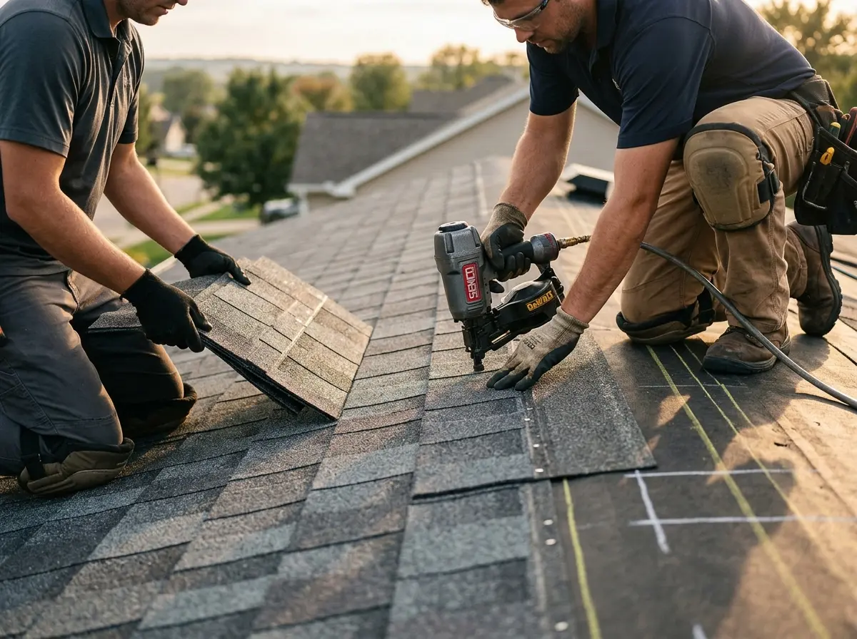 Professional roofer working on a residential roof in Laurel Hill